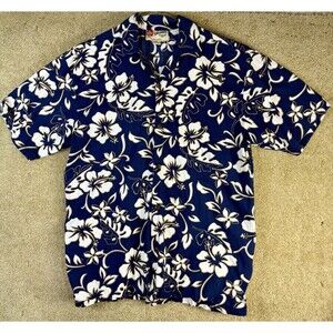 Vtg Hilo Hattie Hawaiian Men Button Up Shirt XL Blue Floral Hibiscus Made in USA